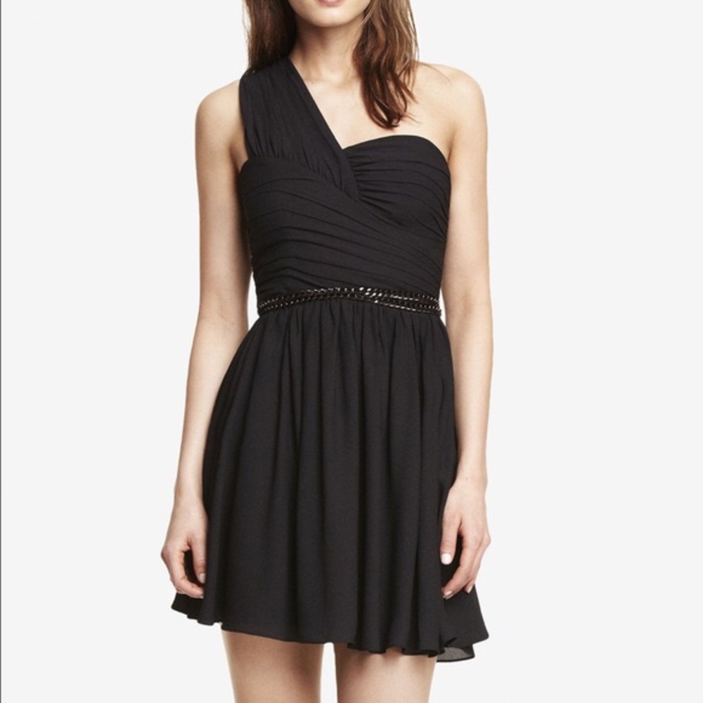 Express black ruched one shoulder belted dress, 2